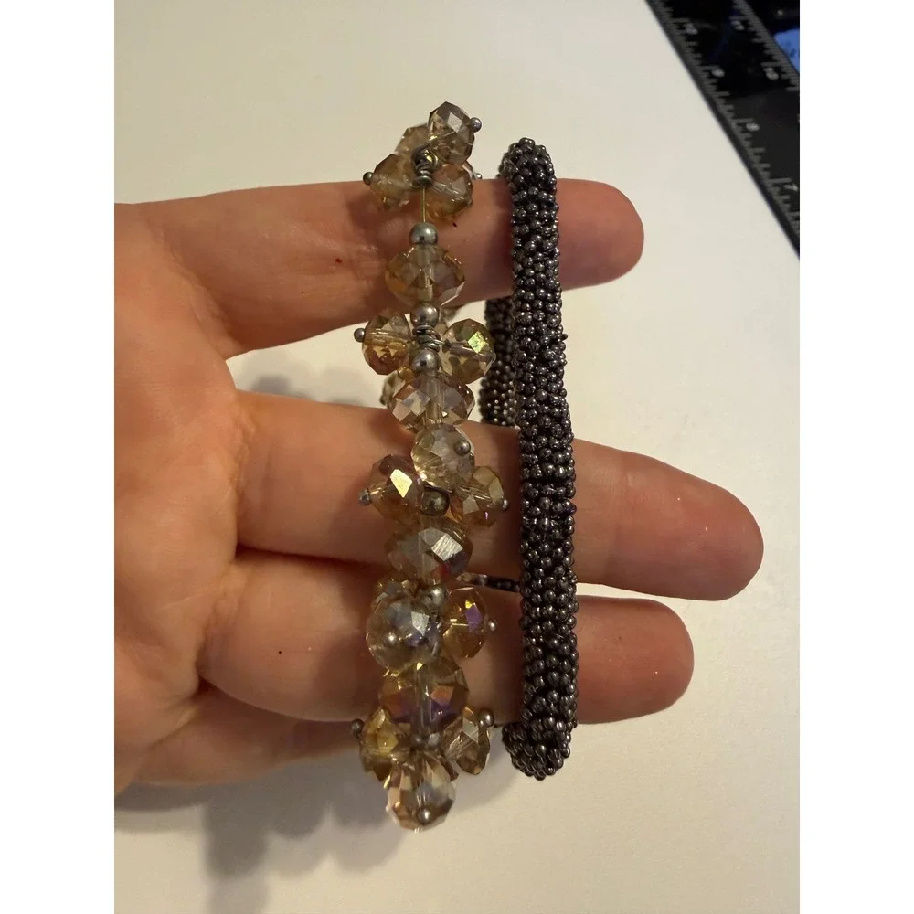 Set‎ of 2 Beaded Stretch Bracelets Amber Crystal and Gunmetal Seed Bead Boho